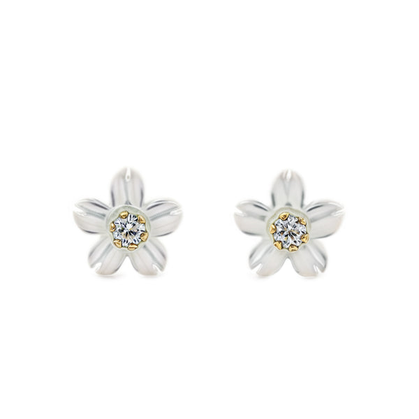 Perlmutt Blume Zirkon 2 mm Kinder Mädchen Ohrringe Gelbgold 18K