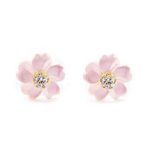 Perlmutt Blume Zirkon 2 mm Kinder Mädchen Ohrringe Gelbgold 18K