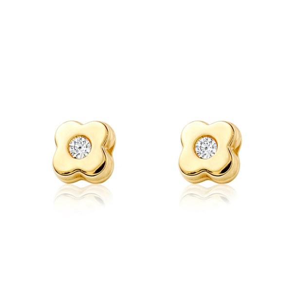 Kinder Baby Kleeblatt Zirkon Ohrringe Gelbgold 9K