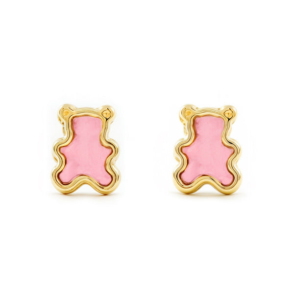 Rosa Emaille Bär Kinder Mädchen Ohrringe Gelbgold 9K