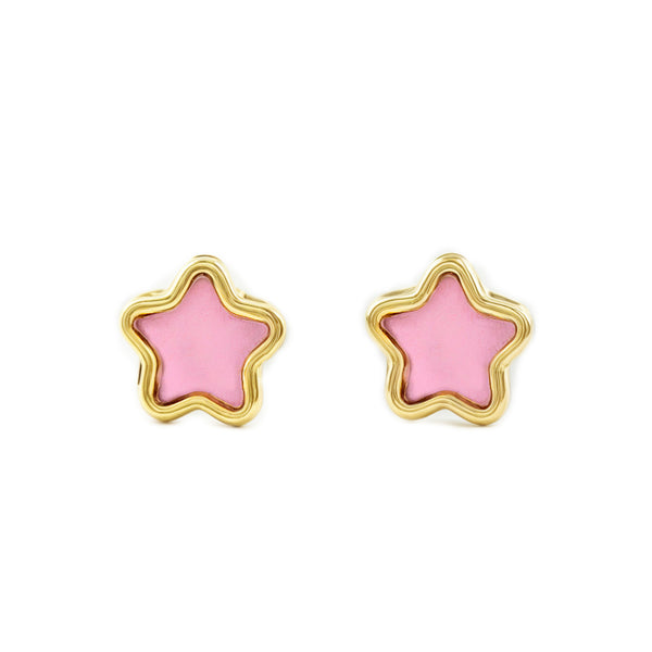 Rosa Emaille Stern Kinder Mädchen Ohrringe Gelbgold 9K