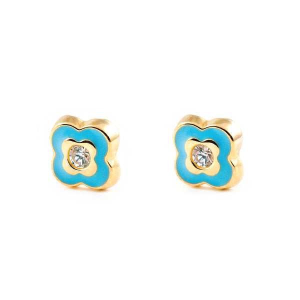 Blaue Emaille Kleeblatt Zirkon Kinder Mädchen Ohrringe Gelbgold 9K