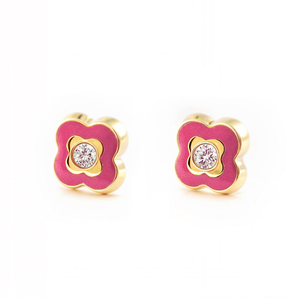 Rosa Emaille Kleeblatt Zirkon Kinder Mädchen Ohrringe Gelbgold 9K