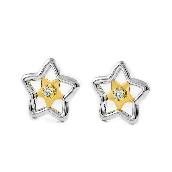 Damen & Kinder Stern Zirkon Ohrringe 9K two color Gold