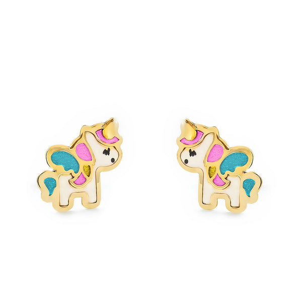 Einhorn Ohrstecker Aus 375er Gelbgold – Für Kinder, 0,7 X 0,6 Cm, Mit Silikonverschluss