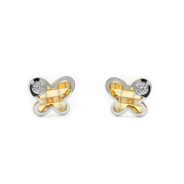 Schmetterling Zirkon Kinder Baby Mädchen Ohrringe 9K two color Gold