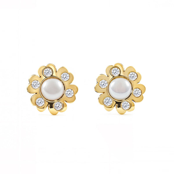 Damen & Kinder Blume Zirkon Perle 3,5 mm Ohrringe Gelbgold 9K