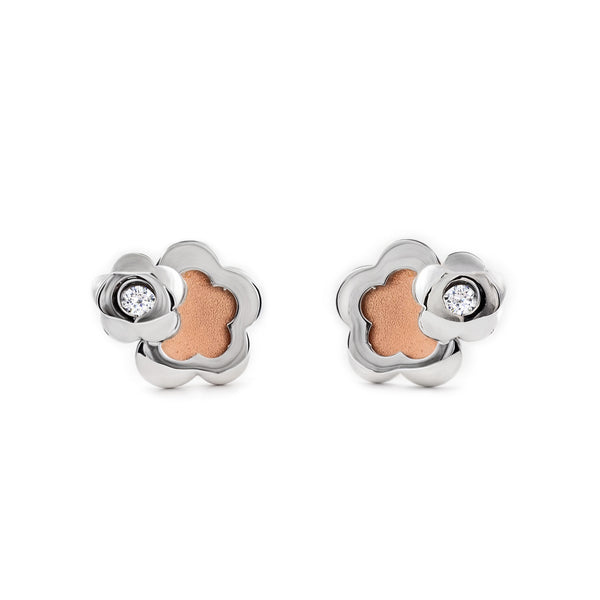 Blume Zirkon Kinder Mädchen matt und glänzend Ohrringe 9K two color Gold