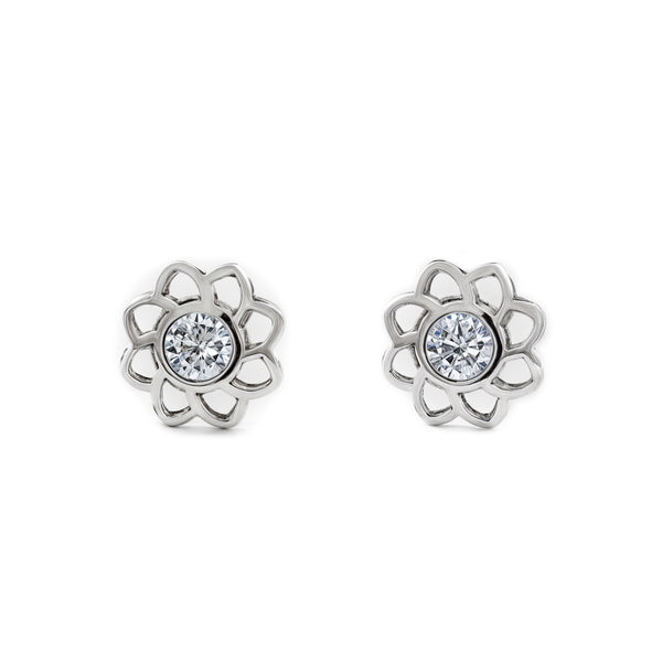 Blume Zirkon Kinder Baby Mädchen Ohrringe Weißgold 9K