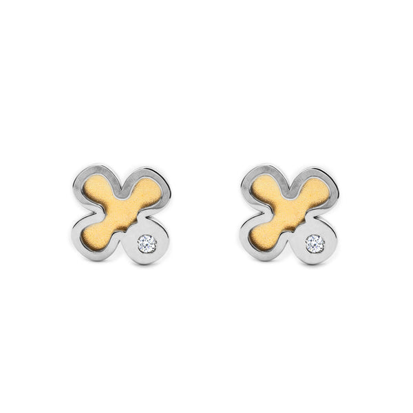Kleeblatt Zirkon Kinder Baby Mädchen matt und glänzend Ohrringe 9K two color Gold