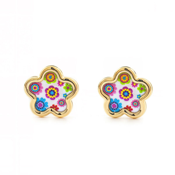 Perlmutt Mehrfarbige Emaille Blumen Kinder Mädchen Ohrringe Gelbgold 9K