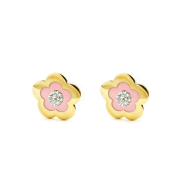 Rosa Emaille Gänseblümchen Zirkon Kinder Mädchen Ohrringe Gelbgold 9K