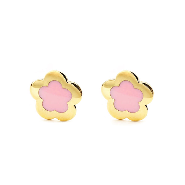Rosa Emaille Gänseblümchen Kinder Mädchen Ohrringe Gelbgold 9K