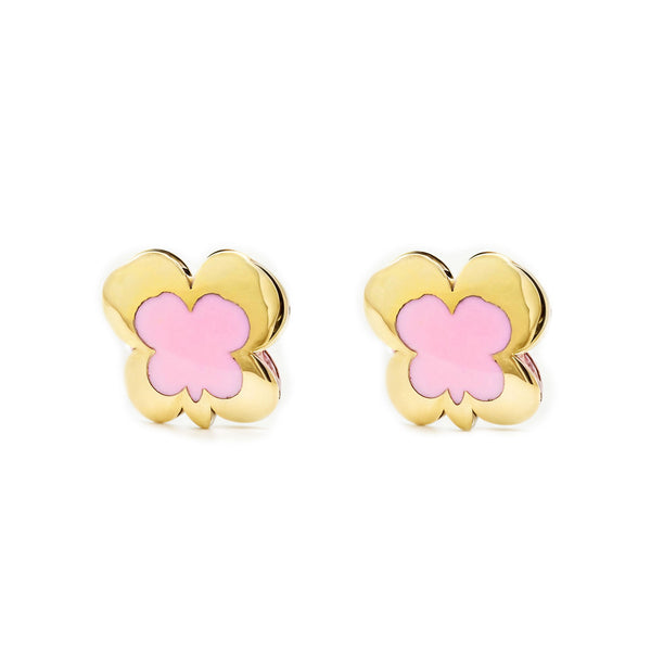 Rosa Emaille Schmetterling Kinder Mädchen Ohrringe Gelbgold 9K