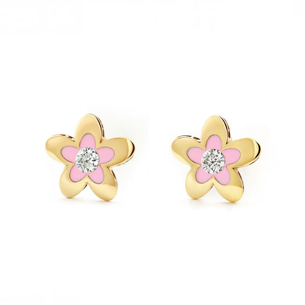 Rosa Emaille Blume Zirkon Kinder Mädchen Ohrringe Gelbgold 9K