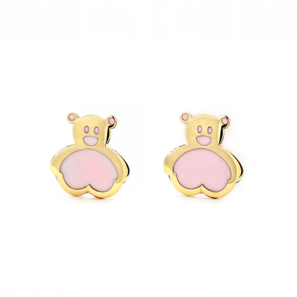 Rosa Emaille Bär Kinder Mädchen Ohrringe Gelbgold 9K
