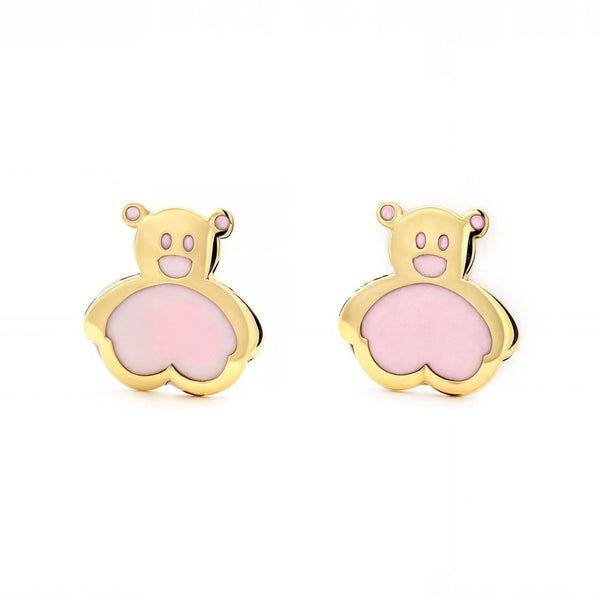 Rosa Emaille Bär Kinder Mädchen Ohrringe Gelbgold 9K