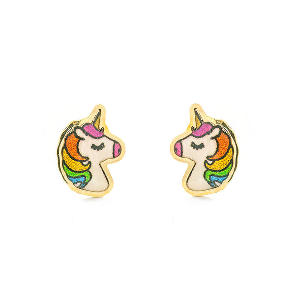 Mehrfarbige Emaille Einhorn Kinder Mädchen Ohrringe Gelbgold 9K