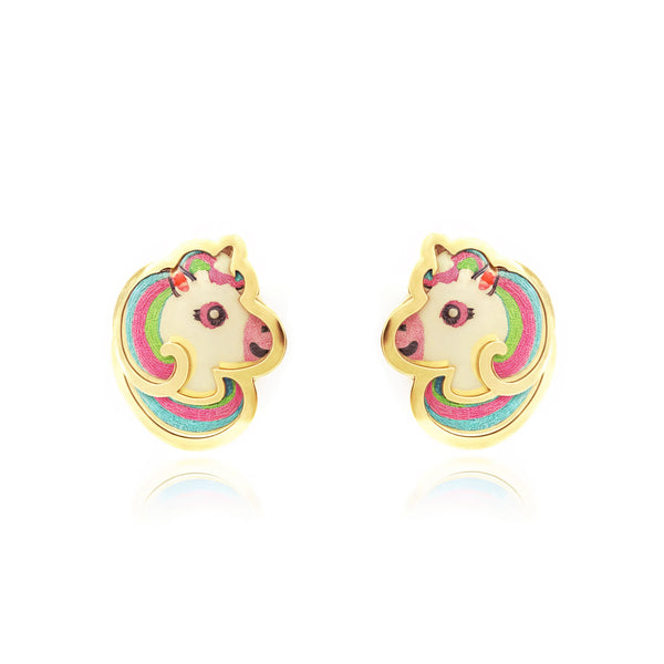Mehrfarbige Emaille Einhorn Kinder Mädchen Ohrringe Gelbgold 9K