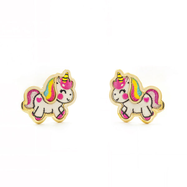 Mehrfarbige Emaille Einhorn Kinder Mädchen Ohrringe Gelbgold 9K