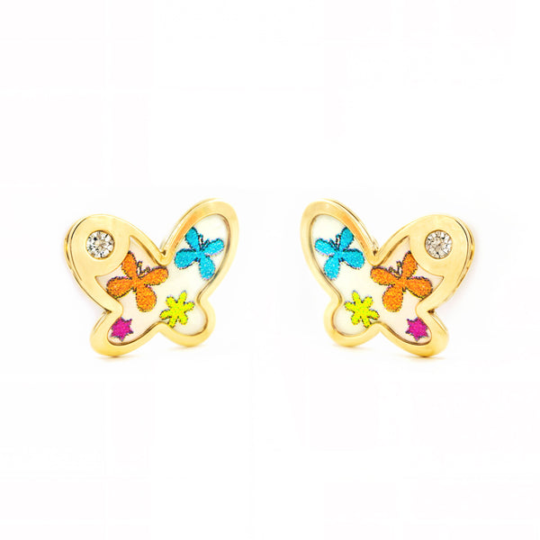 Mehrfarbige Emaille Schmetterling Zirkon Kinder Baby Mädchen Ohrringe Gelbgold 9K
