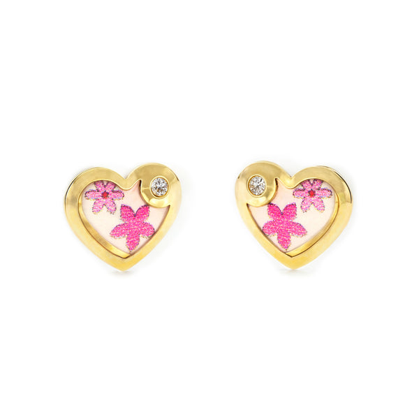 Mehrfarbige Emaille Herz Zirkon Kinder Baby Mädchen Ohrringe Gelbgold 9K