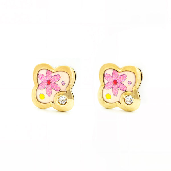 Mehrfarbige Emaille Blume Zirkon Kinder Mädchen Ohrringe Gelbgold 9K