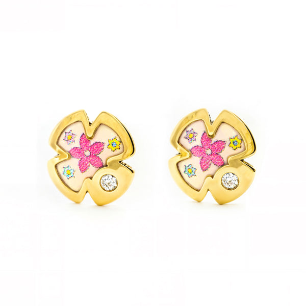 Mehrfarbige Emaille Kreuz Zirkon Kinder Baby Mädchen Ohrringe Gelbgold 9K