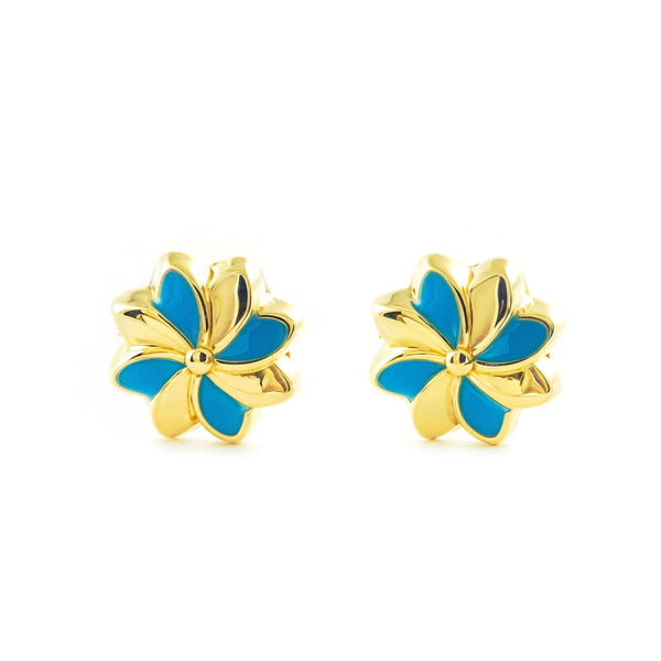Blaue Emaille Blume Kinder Mädchen Ohrringe Gelbgold 18K