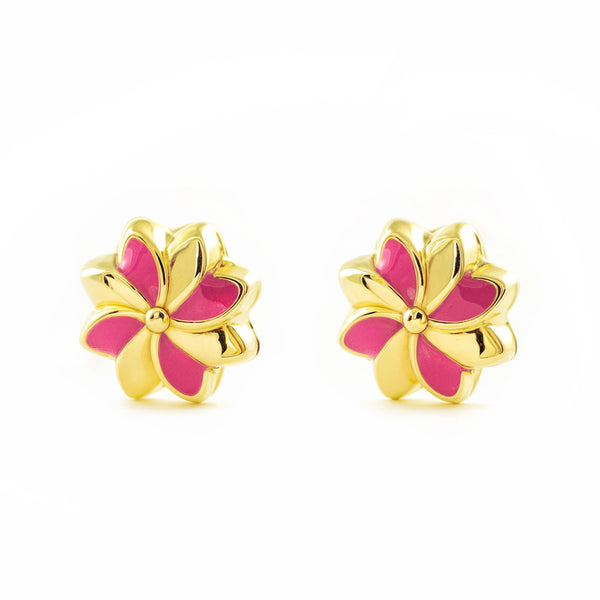 Rosa Emaille Blume Kinder Mädchen Ohrringe Gelbgold 18K