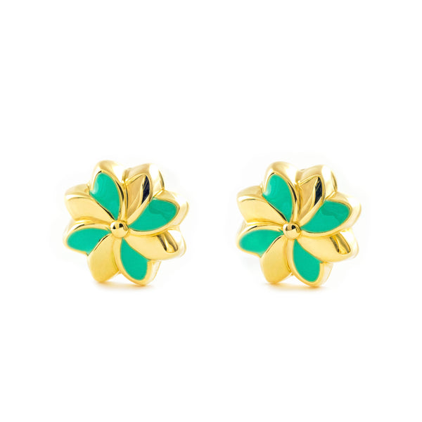 Grüne Emaille Blume Kinder Mädchen Ohrringe Gelbgold 9K