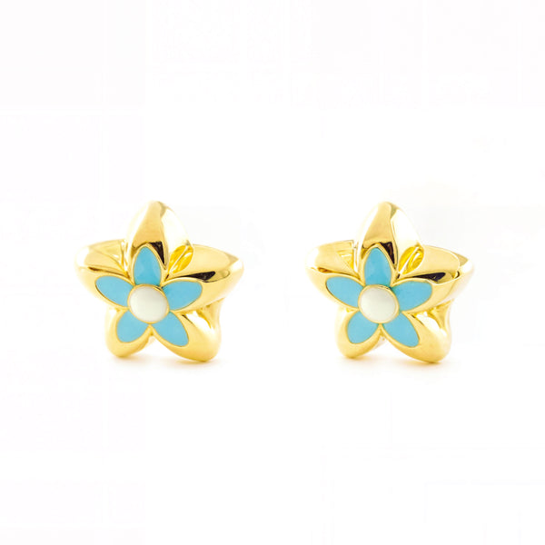 Blaue Emaille Blume Kinder Mädchen Ohrringe Gelbgold 18K