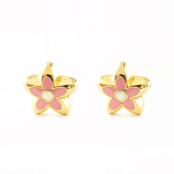 Rosa Emaille Blume Kinder Baby Mädchen Ohrringe Gelbgold 18K
