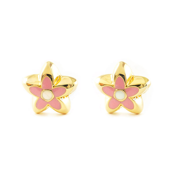 Rosa Emaille Blume Kinder Baby Mädchen Ohrringe Gelbgold 18K