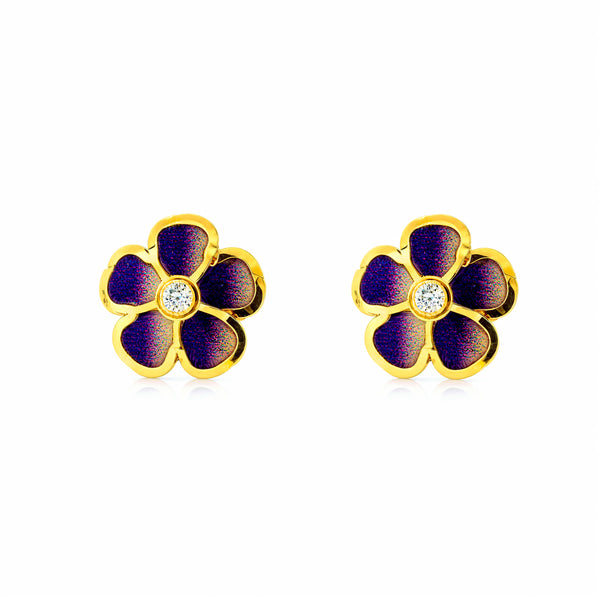 Ohrringe Mädchen Gelbgold 9K Karat lila emailliertes Blumenmuster mit glänzendem Zirkon