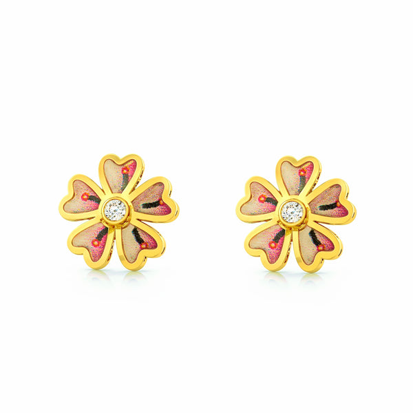 Ohrringe Mädchen Gelbgold 9K Karat bunte emaillierte Blumen mit glänzendem Zirkon