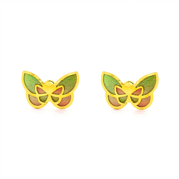 Ohrringe Mädchen 9K Karat Gelbgold emaillierter bunter glänzender Schmetterling