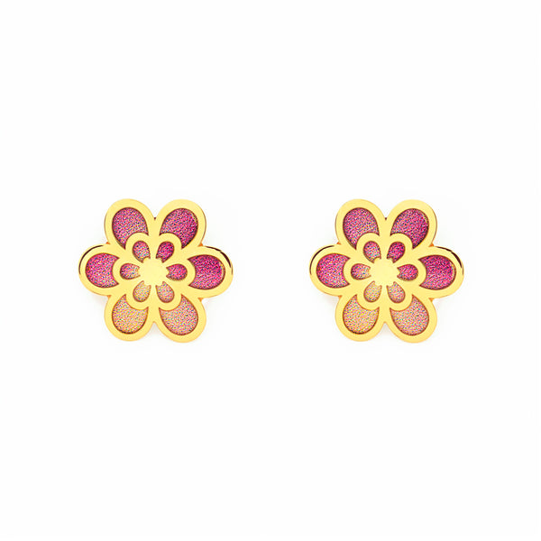 Ohrringe Mädchen Gelbgold 9K Karat bunte glänzende emaillierte Blumen