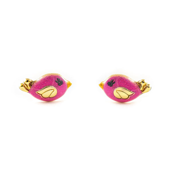Mädchen Gelbgold 9K Vogel Ohrringe mit intensiv rosa glänzendem Emaille