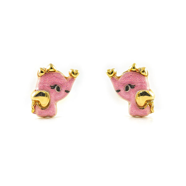 Mädchen Gelbgold 9K Elefanten Ohrringe mit Rosa Glanz-Emaille