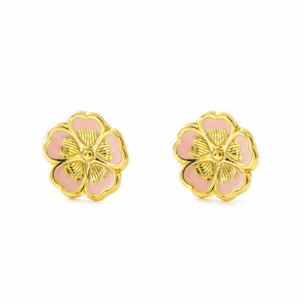 Damen & Kinder Ohrringe Gelbgold 9K Blume Emaille Rosa Glanz und Textur