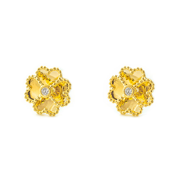 Pendientes Niña oro Amarillo 9K Trébol Piedra Circonita Brillo y Textura