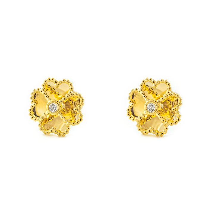 Pendientes Niña oro Amarillo 9K Trébol Piedra Circonita Brillo y Textura
