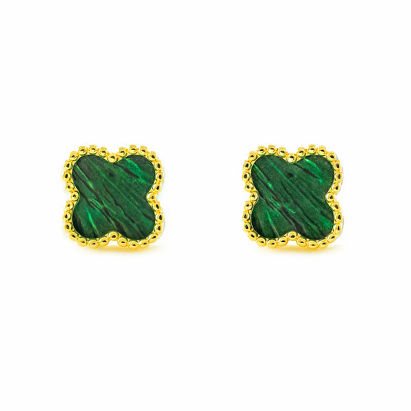 Pendientes Mujer oro Amarillo 9K Trébol Piedra Malaquita Verde Brillo y Textura