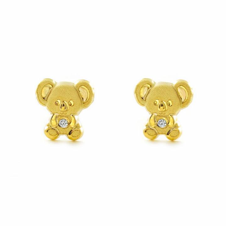 Pendientes Niña oro Amarillo 9K Koala Piedra Circonita Mate y Brillo