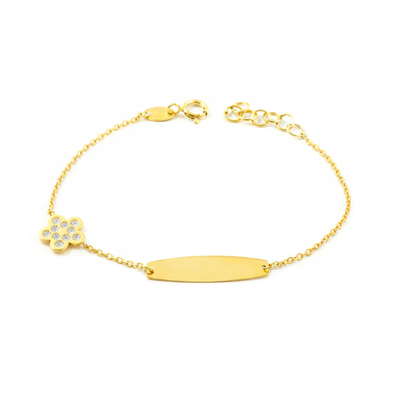 Mädchen Armband Gelbgold 9K Personalisiert Sklave Blume Gänseblümchen Zirkonia Glanz 14 cm