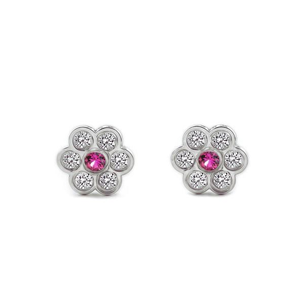 Ohrringe Baby-Mädchen Weißgold 18K Blume Zirkonia und synthetischer Rubin Glanz
