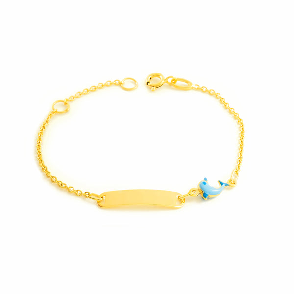 Mädchen Armband Gelbgold 9K Emaille Delfin Blau Glanz 14 cm