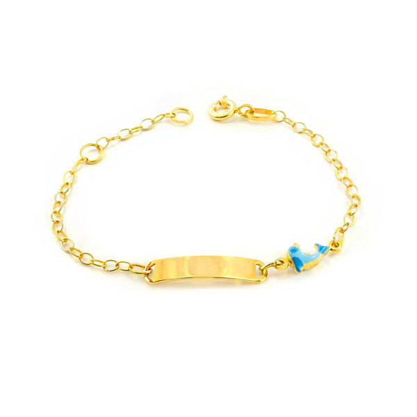 Mädchen Armband Gelbgold 18K Emaille Delfin Blau Glanz 14 cm