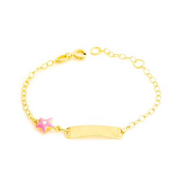 Mädchen Armband Gelbgold 18K Emaille Sklave Stern Rosa-Weiß Glanz 14 cm